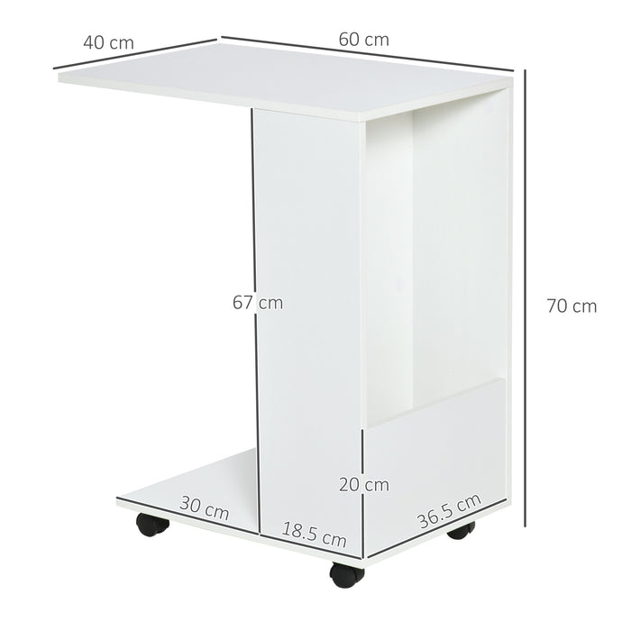 Mobile Sofa Side Table C-Shape End Table with Storage and Casters for Laptop Coffee Snack, White