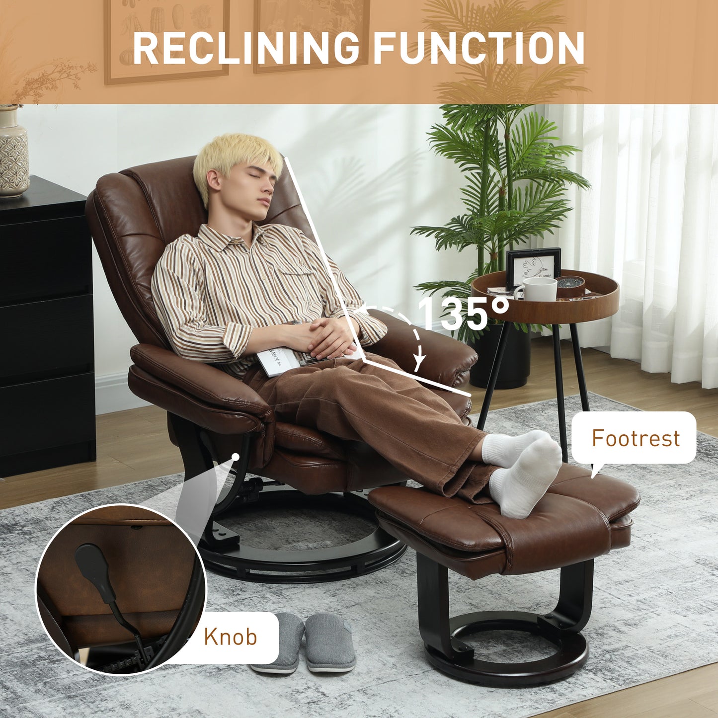 Swivel Manual Recliner and Footrest Set PU Leather Chair Brown