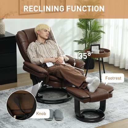Swivel Manual Recliner and Footrest Set PU Leather Chair Brown
