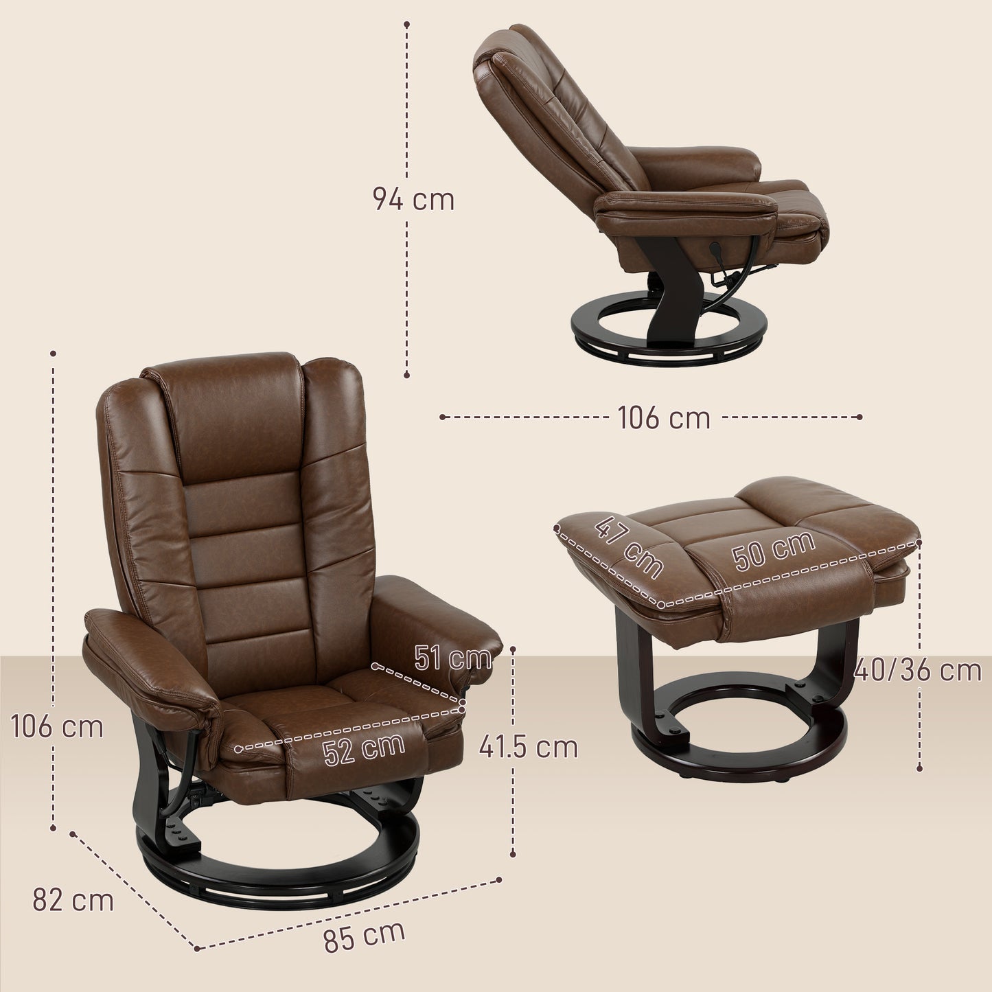 Swivel Manual Recliner and Footrest Set PU Leather Chair Brown