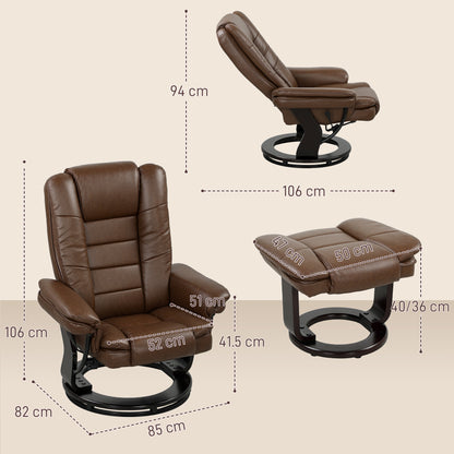 Swivel Manual Recliner and Footrest Set PU Leather Chair Brown