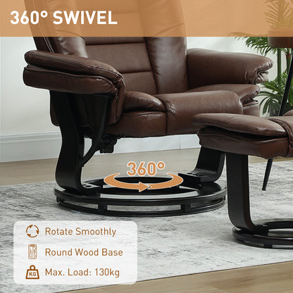 Swivel Manual Recliner and Footrest Set PU Leather Chair Brown