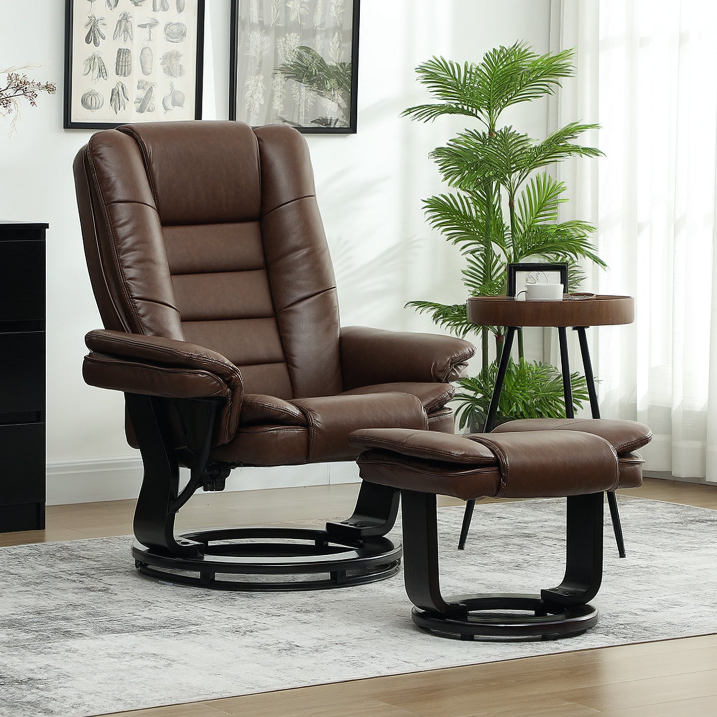 Swivel Manual Recliner and Footrest Set PU Leather Chair Brown