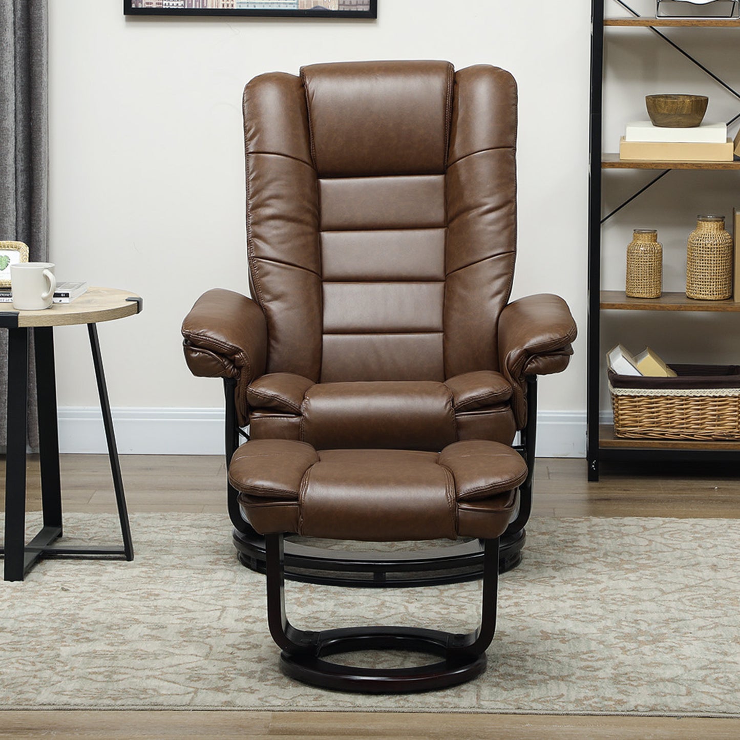 Swivel Manual Recliner and Footrest Set PU Leather Chair Brown