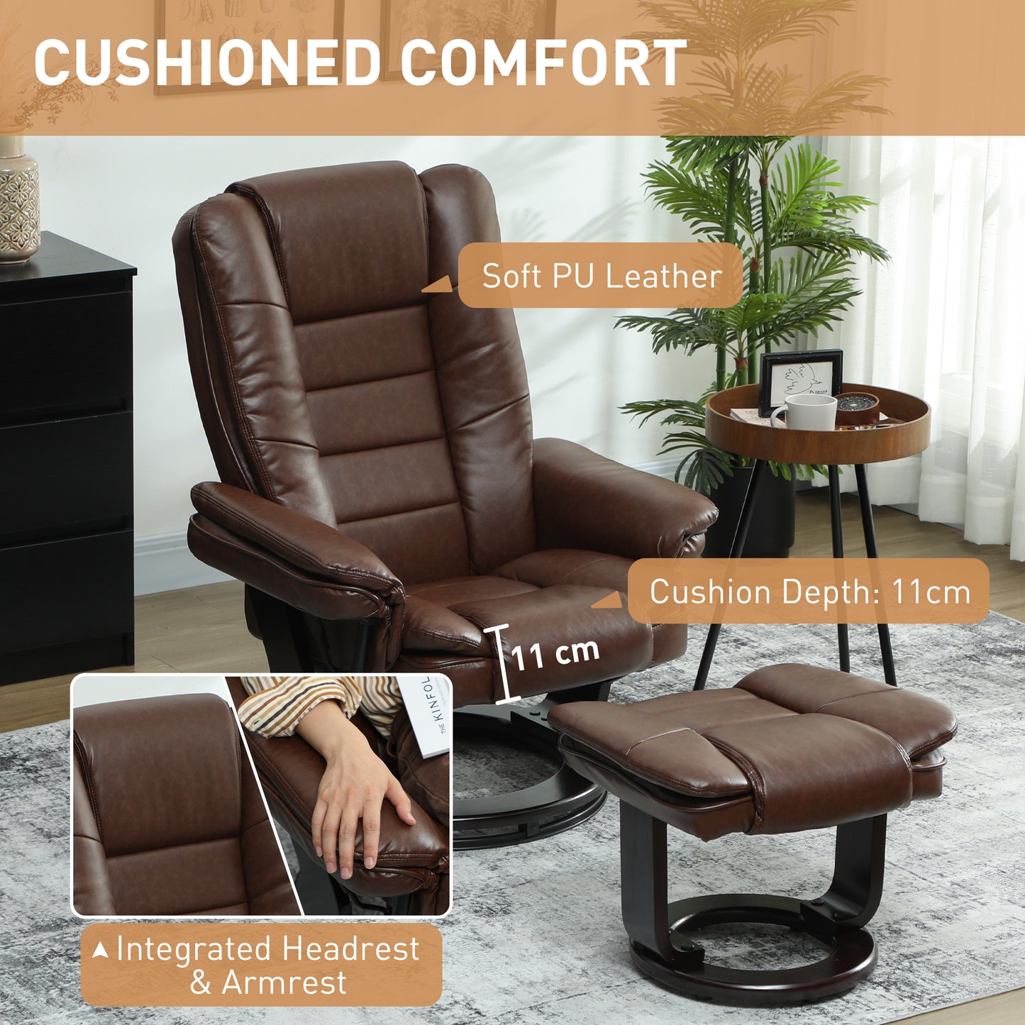 Swivel Manual Recliner and Footrest Set PU Leather Chair Brown