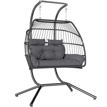 Rattan Double Hanging Egg Chair with Stand, Cushion, Dark Grey