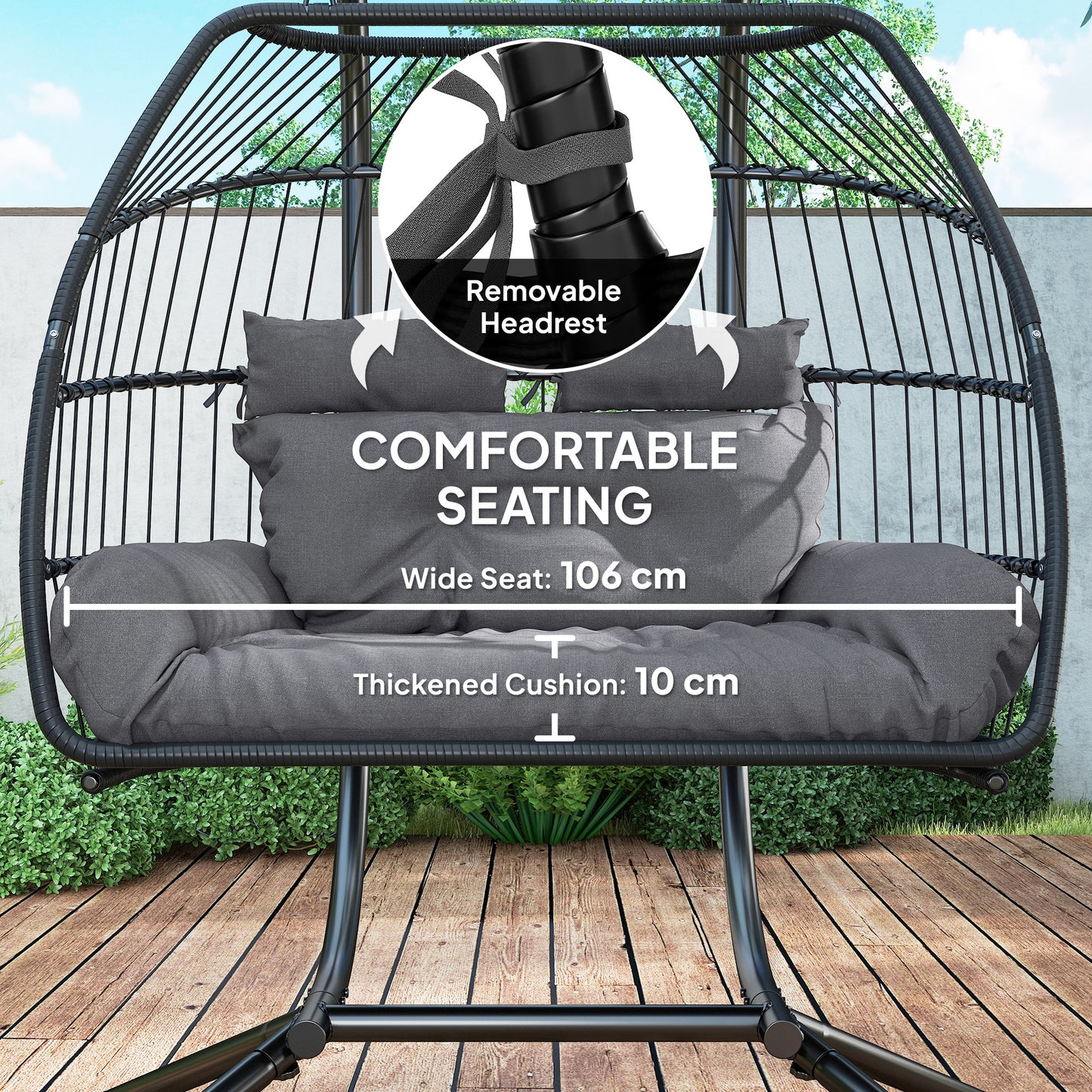 Rattan Double Hanging Egg Chair with Stand, Cushion, Dark Grey