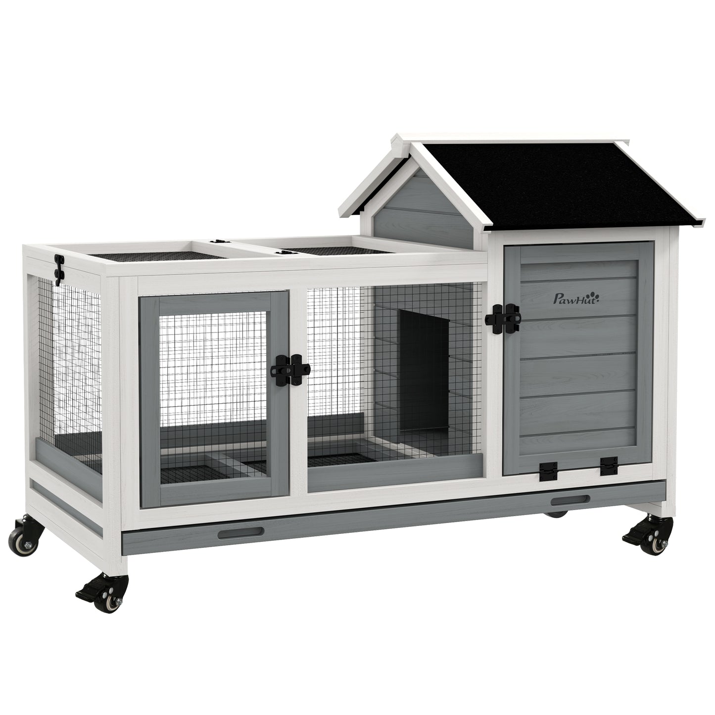 Rabbit Hutch, Guinea Pig Cage with Wheels, Outdoor/Indoor, Grey