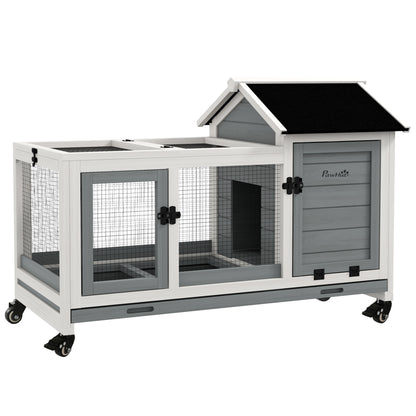 Rabbit Hutch, Guinea Pig Cage with Wheels, Outdoor/Indoor, Grey