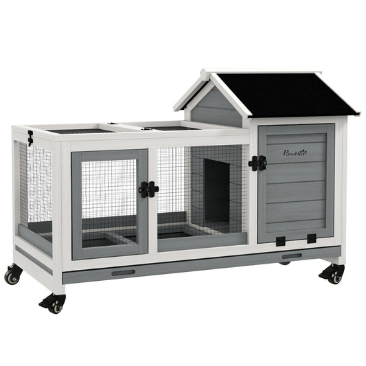 Rabbit Hutch, Guinea Pig Cage with Wheels, Outdoor/Indoor, Grey