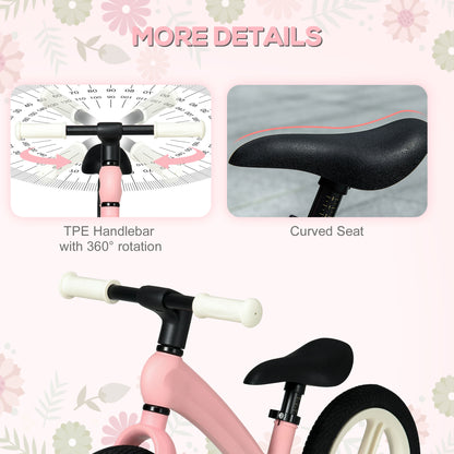 AIYAPLAY 12" Kids Balance Bike, Lightweight Training Bike for Children No Pedal with Adjustable Seat, Rubber Wheels - Pink