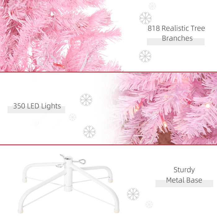 7' Tall Prelit Pencil Slim Artificial Christmas Tree with Realistic Branches, 350 Warm White LED Lights and 818 Tips, Xmas Decoration, Pink