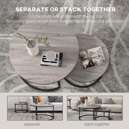 2 Pcs Stacking Coffee Table Set Steel Frame Wood Effect Top Foot Pads