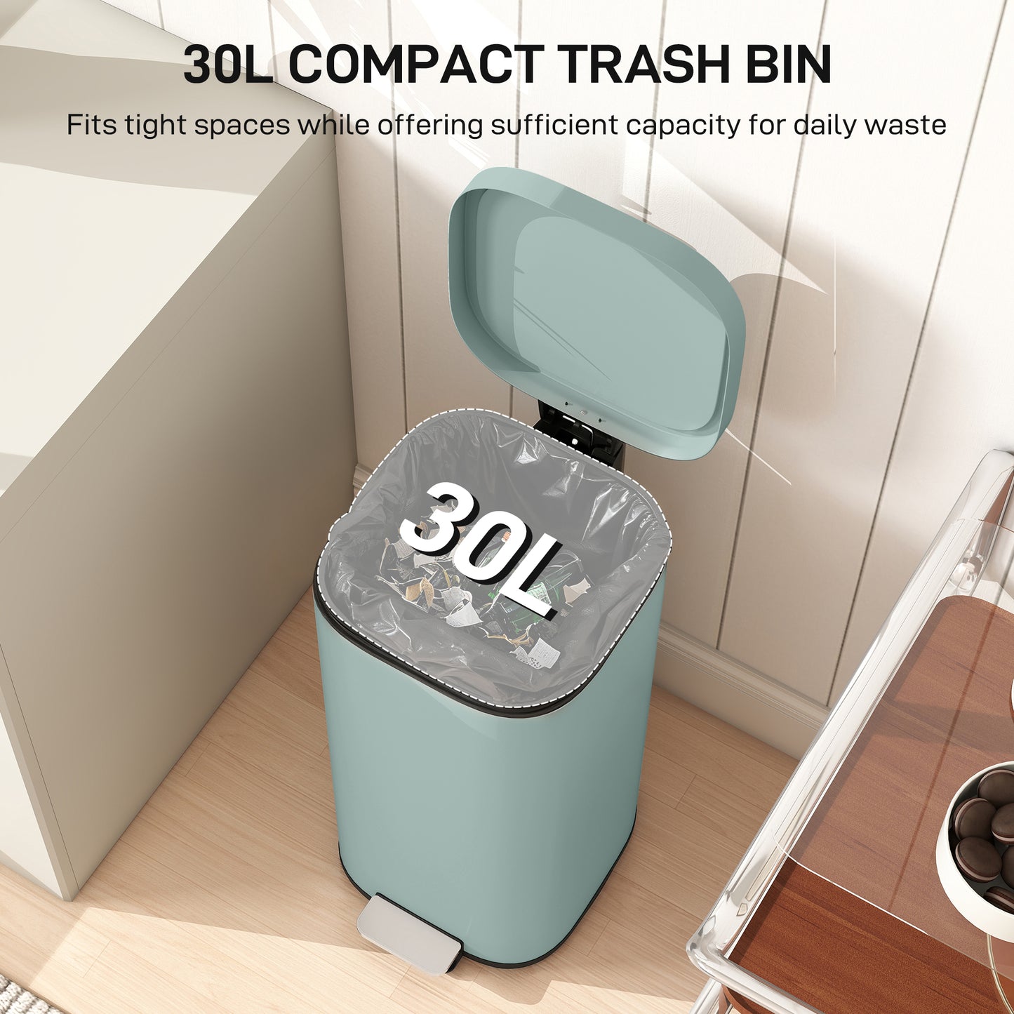 30L Kitchen Bin, Pedal Bin with Lid, Removable Inner Bucket, Green
