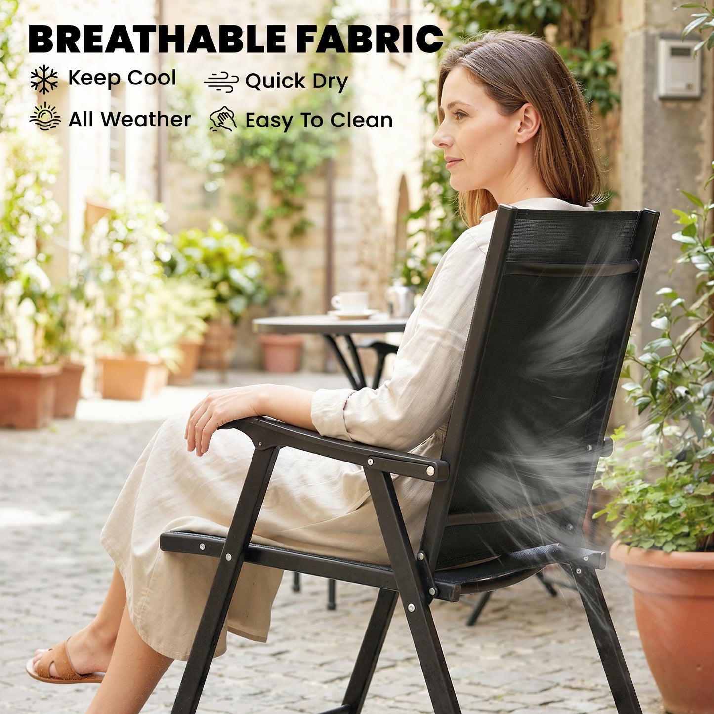 Folding Garden Chairs Set of 2 with High Back, Armrests, Black