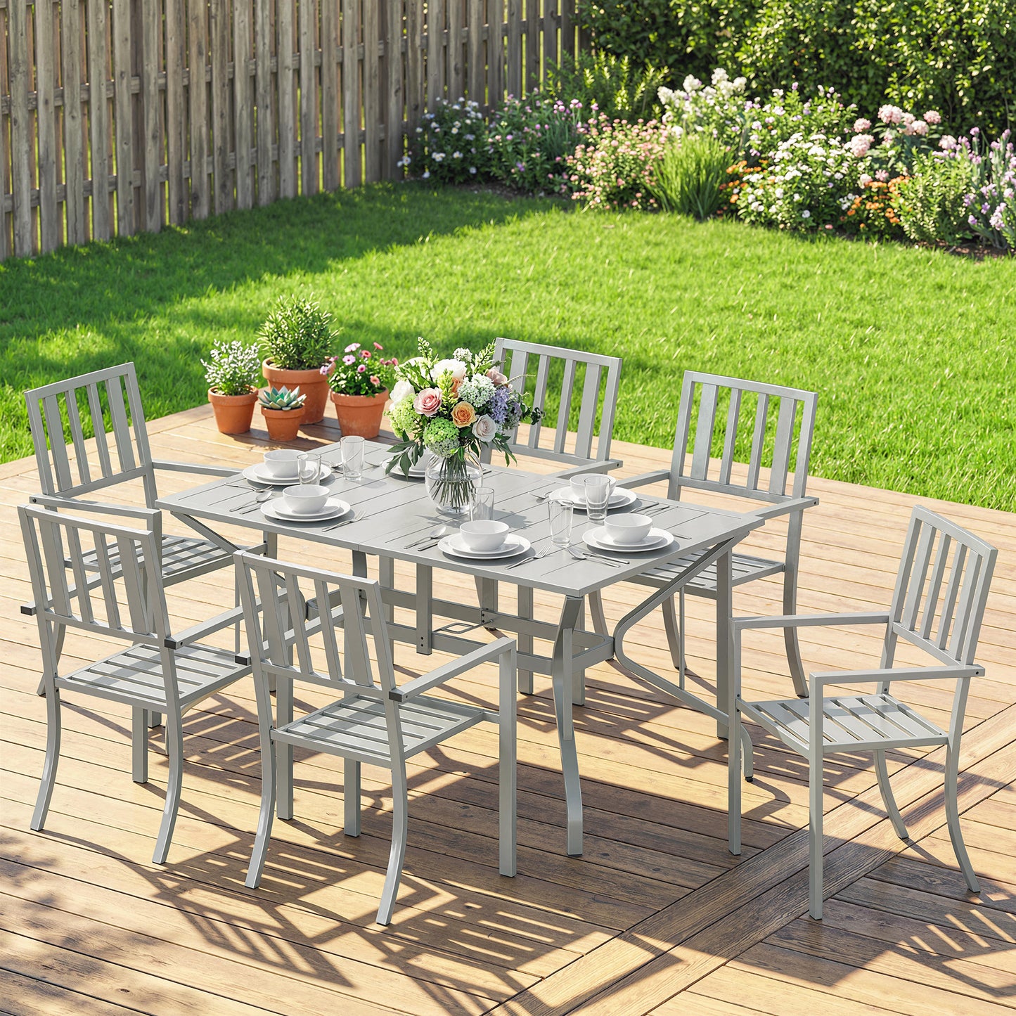 7 Pieces Patio Dining Set with Umbrella Hole for Garden, Light Grey
