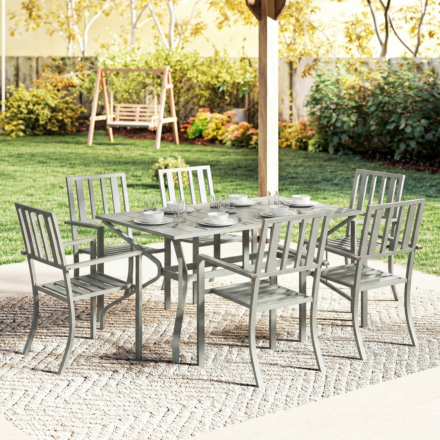 7 Pieces Patio Dining Set with Umbrella Hole for Garden, Light Grey