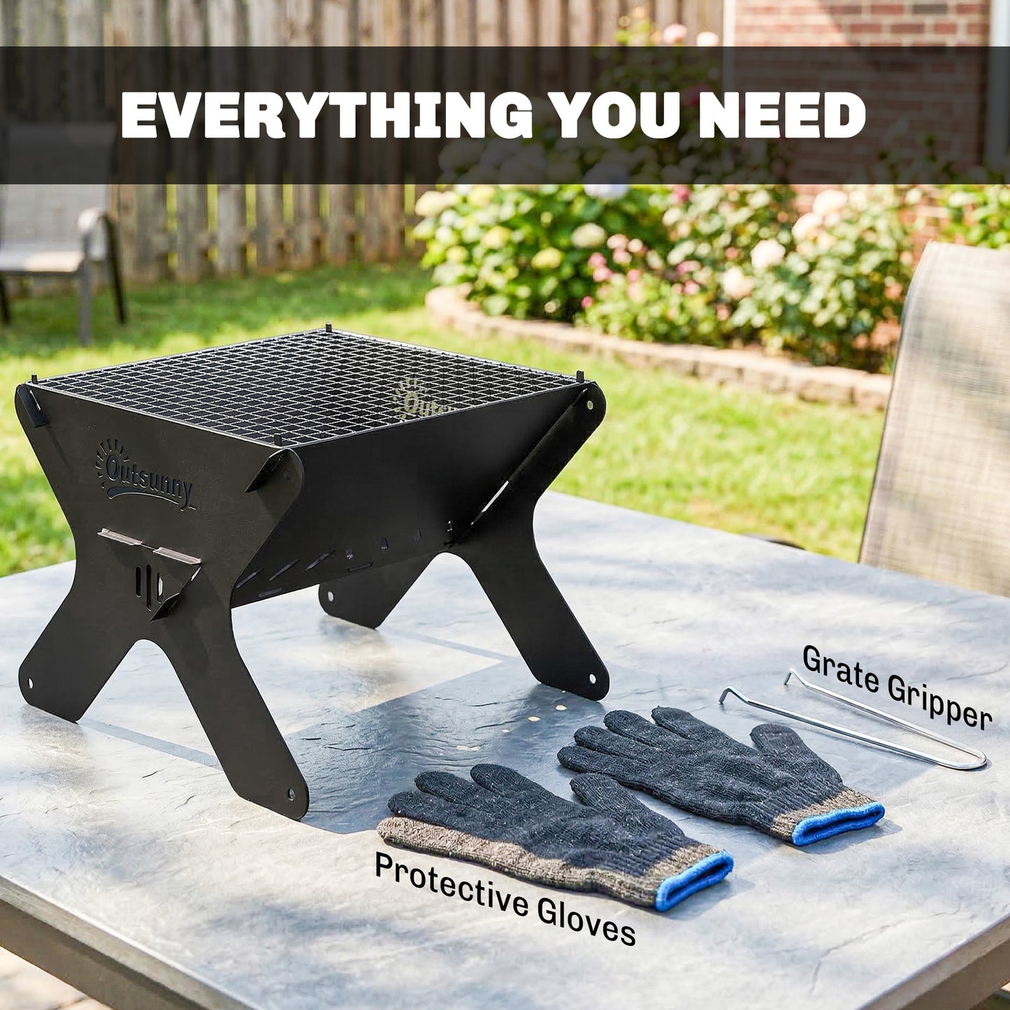 2-In-1 Portable BBQ Grill and Camping Fire Pit with Gloves