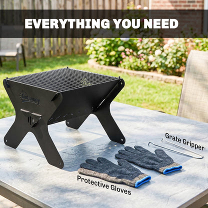 2-In-1 Portable BBQ Grill and Camping Fire Pit with Gloves