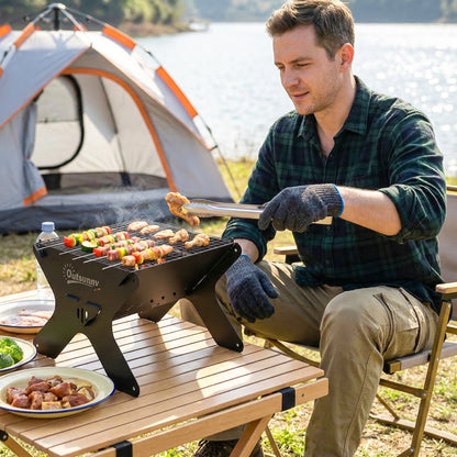 2-In-1 Portable BBQ Grill and Camping Fire Pit with Gloves