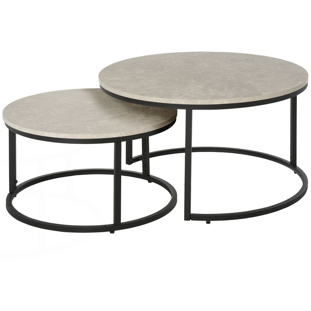 2 Pcs Stacking Coffee Table Set w/ Steel Frame Marble-Effect Top Foot Pads Nest of Tables Storage Display Black/Grey