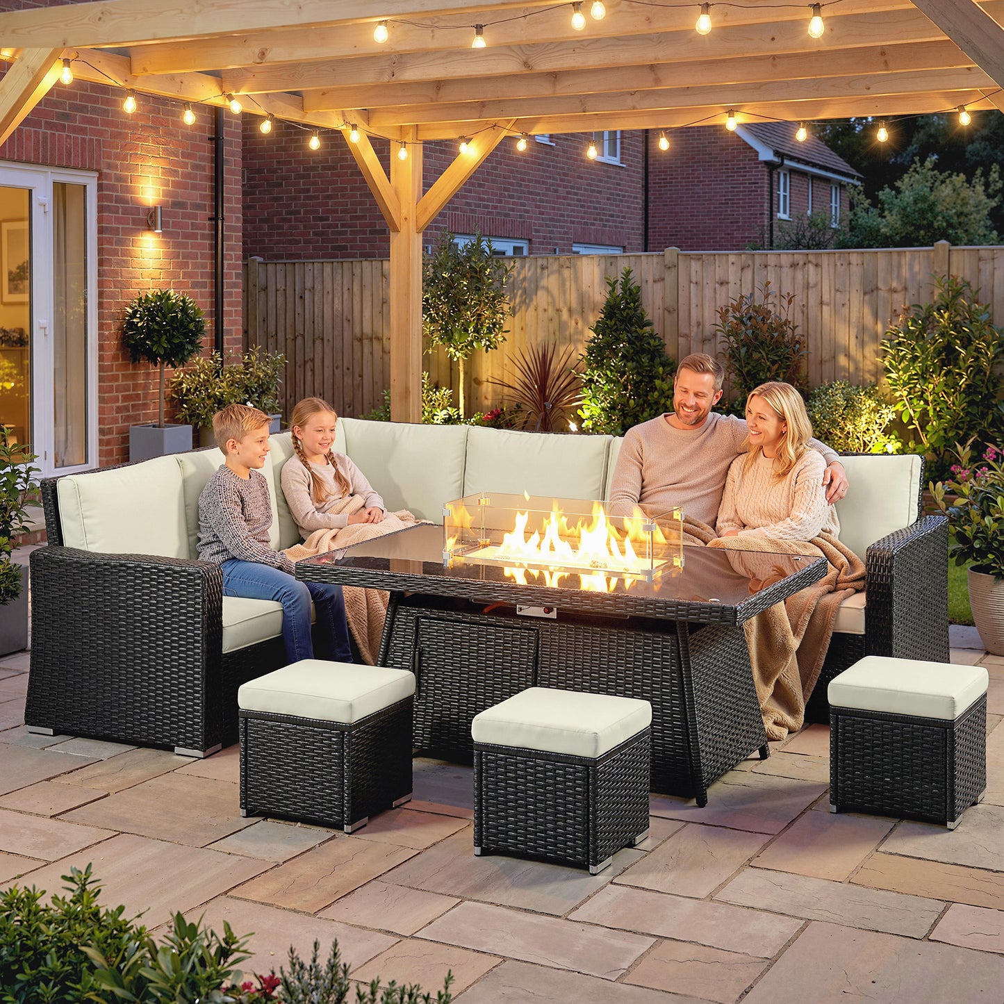 7 Pieces Rattan Garden Furniture Set w/ 50,000 BTU Fire Pit Table