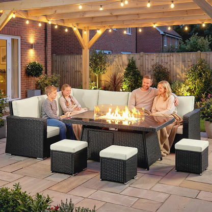 7 Pieces Rattan Garden Furniture Set w/ 50,000 BTU Fire Pit Table