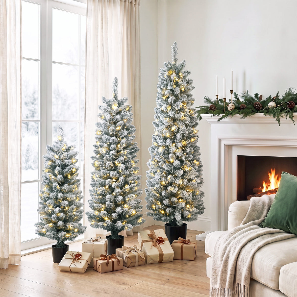 Prelit Snowy Flocked Artificial Christmas Tree Set of 3, 3FT/4FT/5FT