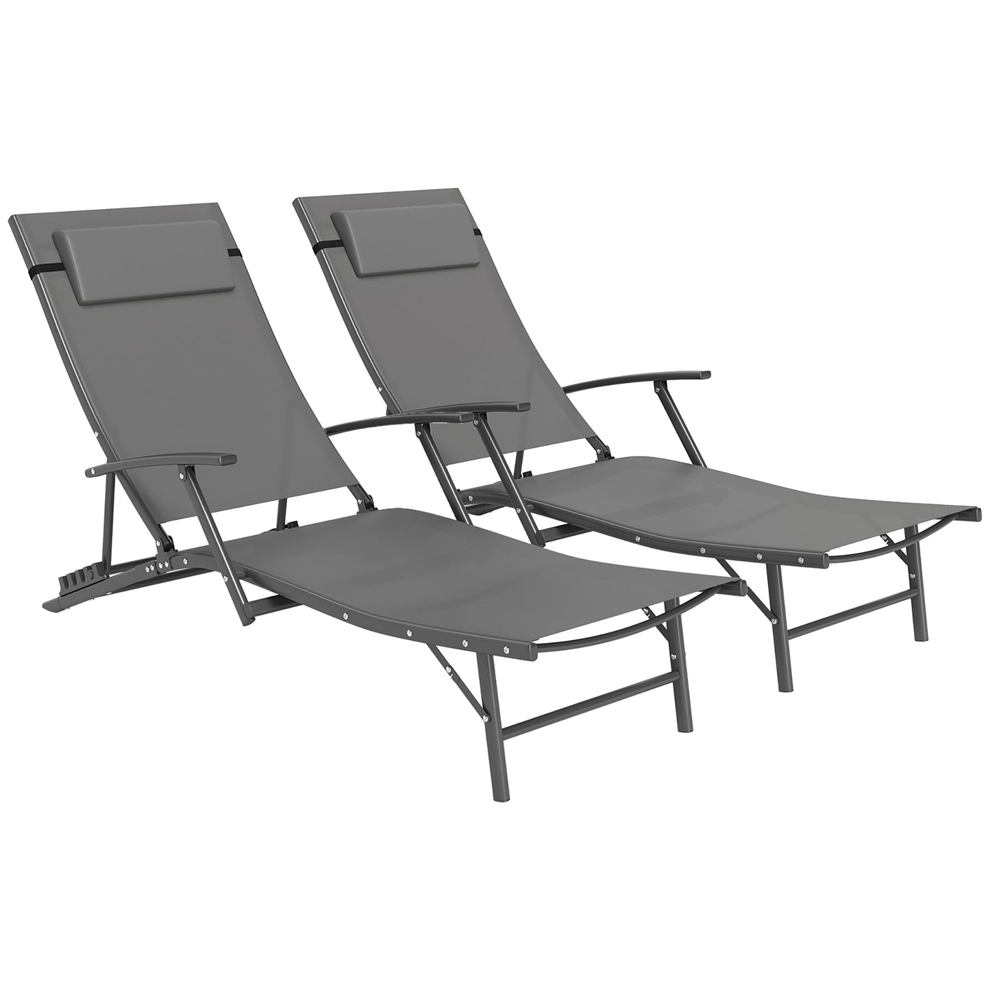 Set of 2 Garden Sun Loungers, Folding Chaise Lounge Chairs, Grey