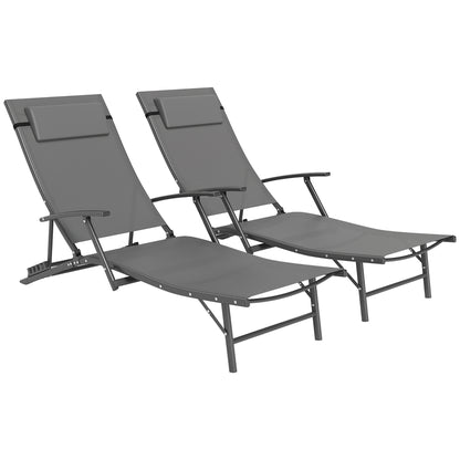 Set of 2 Garden Sun Loungers, Folding Chaise Lounge Chairs, Grey