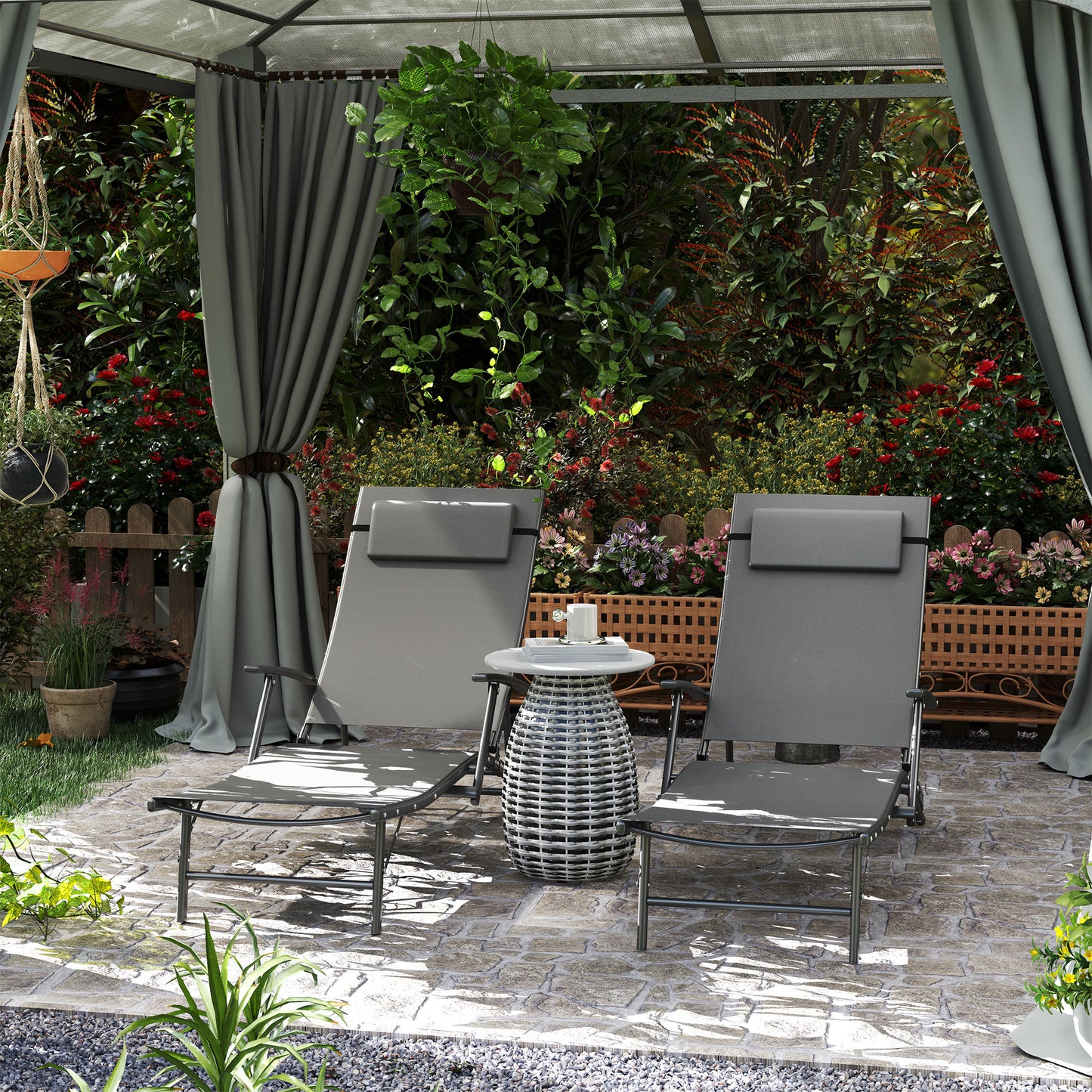 Set of 2 Garden Sun Loungers, Folding Chaise Lounge Chairs, Grey