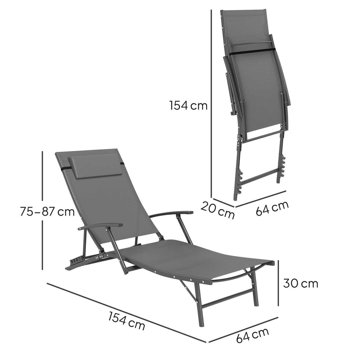 Set of 2 Garden Sun Loungers, Folding Chaise Lounge Chairs, Grey