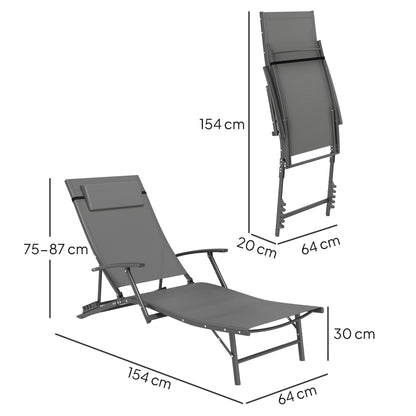Set of 2 Garden Sun Loungers, Folding Chaise Lounge Chairs, Grey