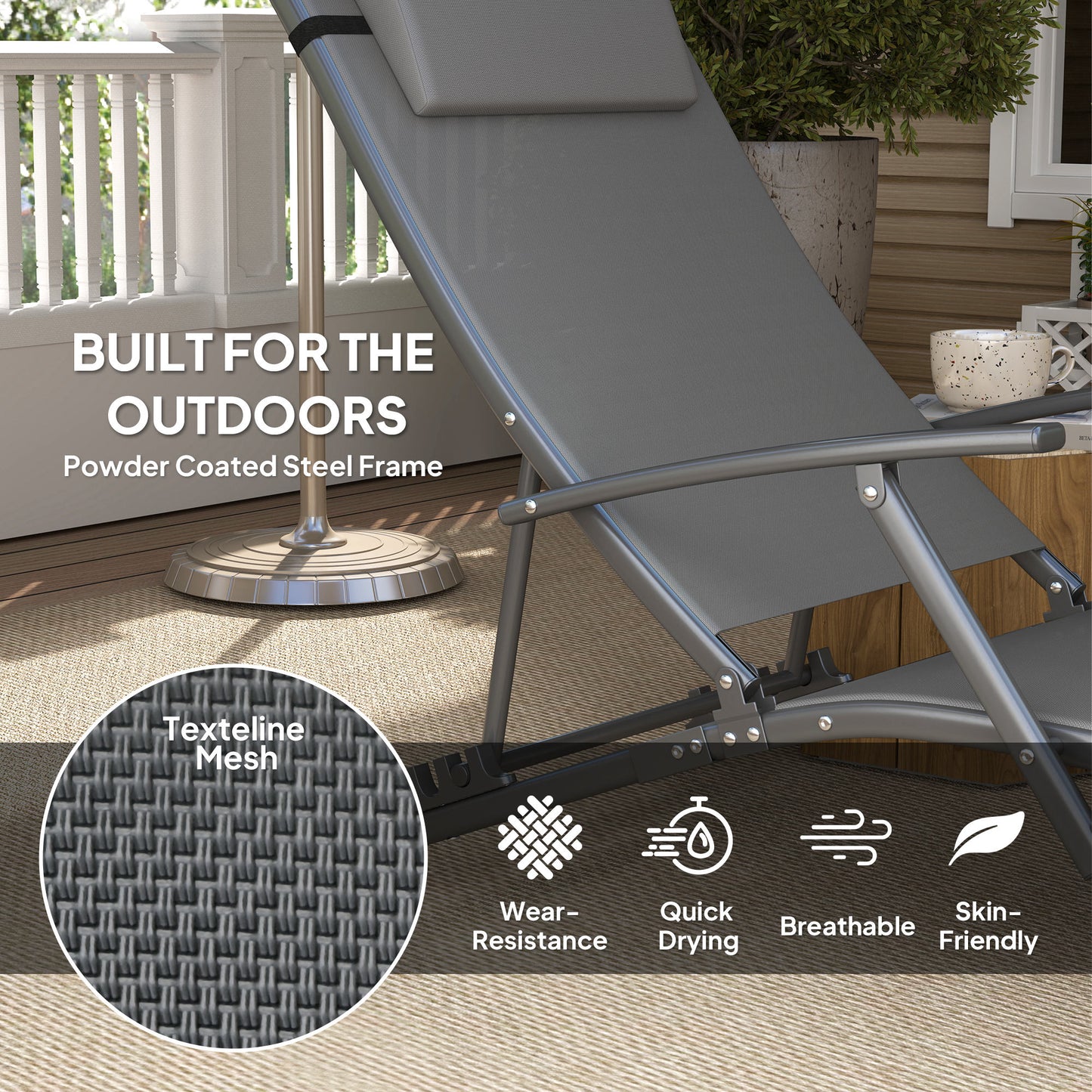 Set of 2 Garden Sun Loungers, Folding Chaise Lounge Chairs, Grey