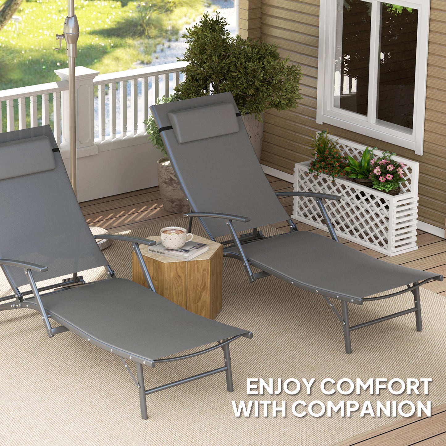 Set of 2 Garden Sun Loungers, Folding Chaise Lounge Chairs, Grey
