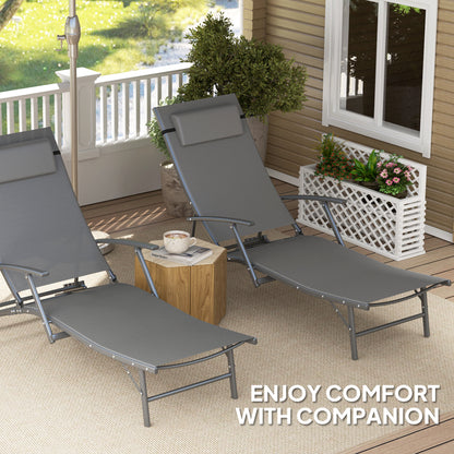 Set of 2 Garden Sun Loungers, Folding Chaise Lounge Chairs, Grey