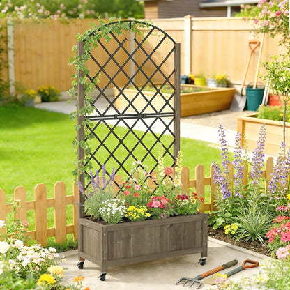 Garden Bed w/Metal Trellis, Wooden Elevated Planter Box Carbonised