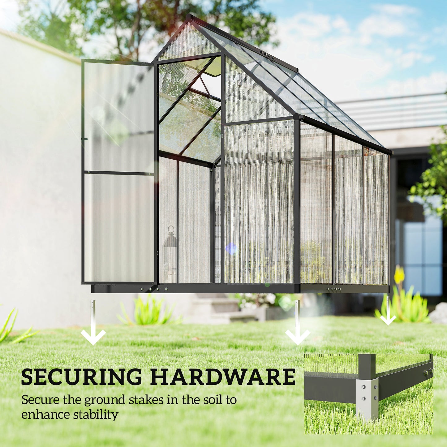 5.5 x 6ft Polycarbonate Greenhouse with Swing Door and Adjustable Window, Walk-in Greenhouse with Rain Gutter, Aluminium Garden Green House for Patio Garden Backyard, Black