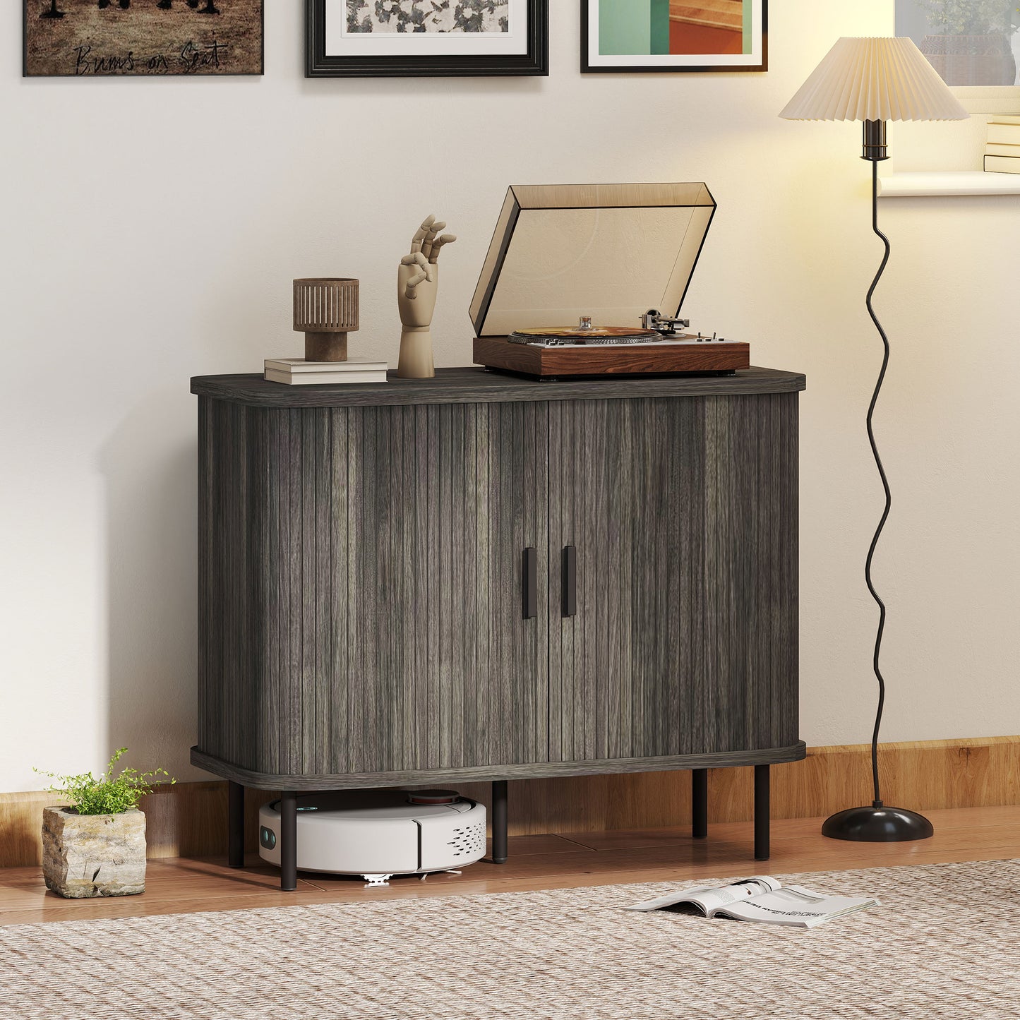 Sideboard Storage Cabinet with Slatted Tambour Sliding Doors Grey