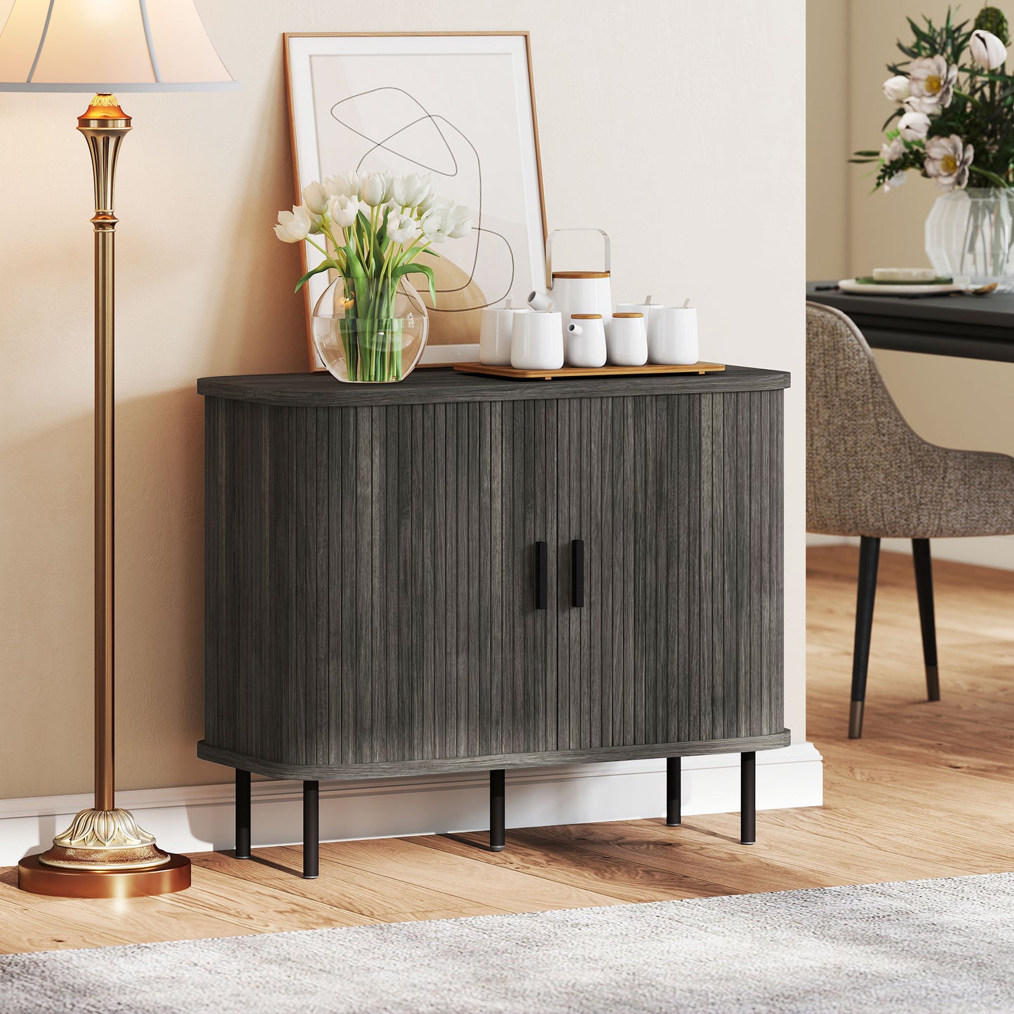 Sideboard Storage Cabinet with Slatted Tambour Sliding Doors Grey