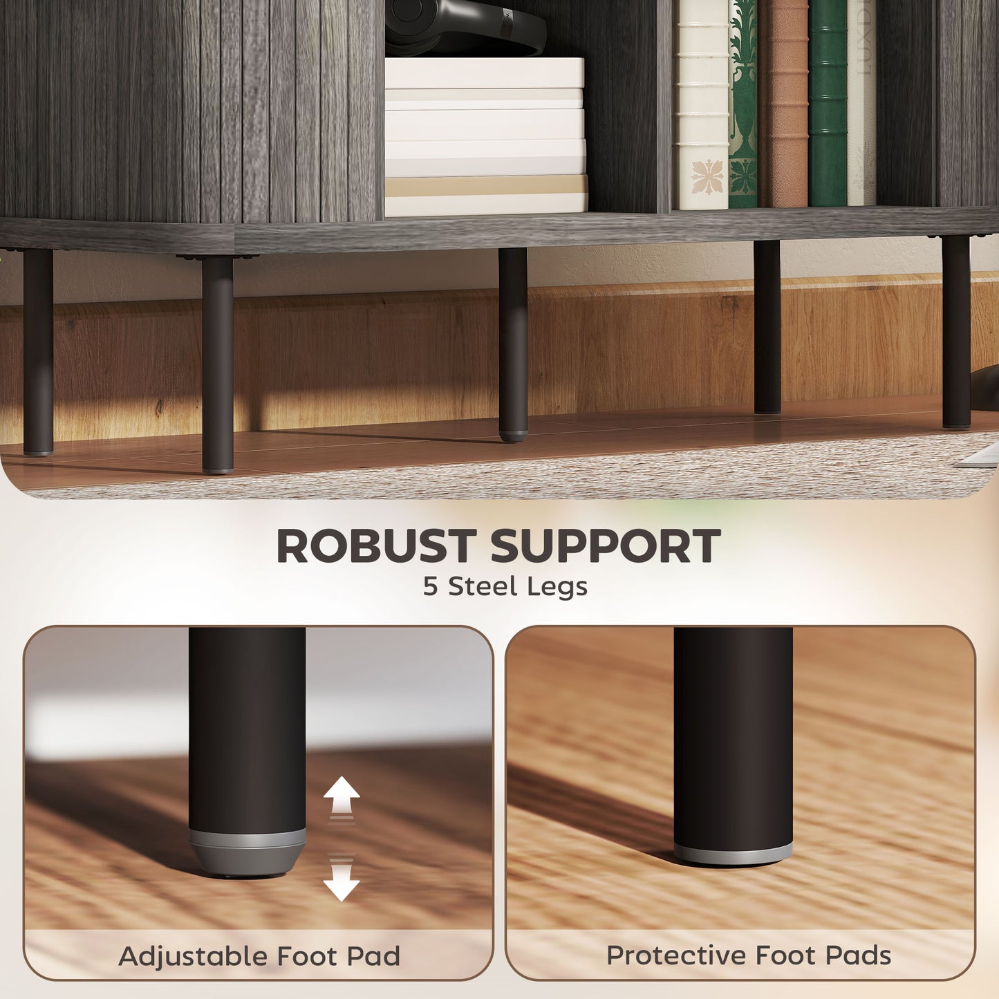 Sideboard Storage Cabinet with Slatted Tambour Sliding Doors Grey