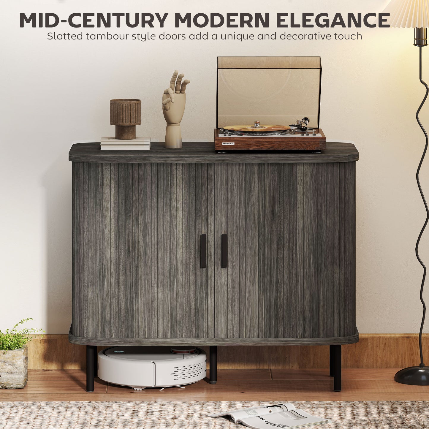 Sideboard Storage Cabinet with Slatted Tambour Sliding Doors Grey