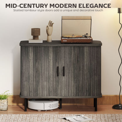 Sideboard Storage Cabinet with Slatted Tambour Sliding Doors Grey