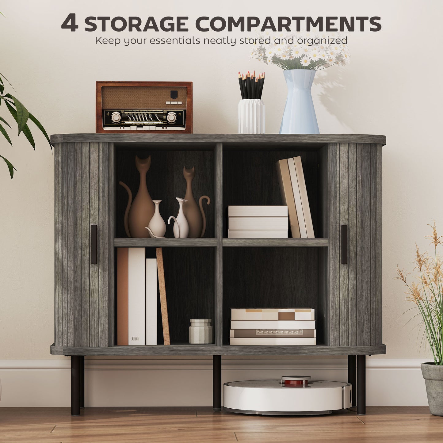 Sideboard Storage Cabinet with Slatted Tambour Sliding Doors Grey