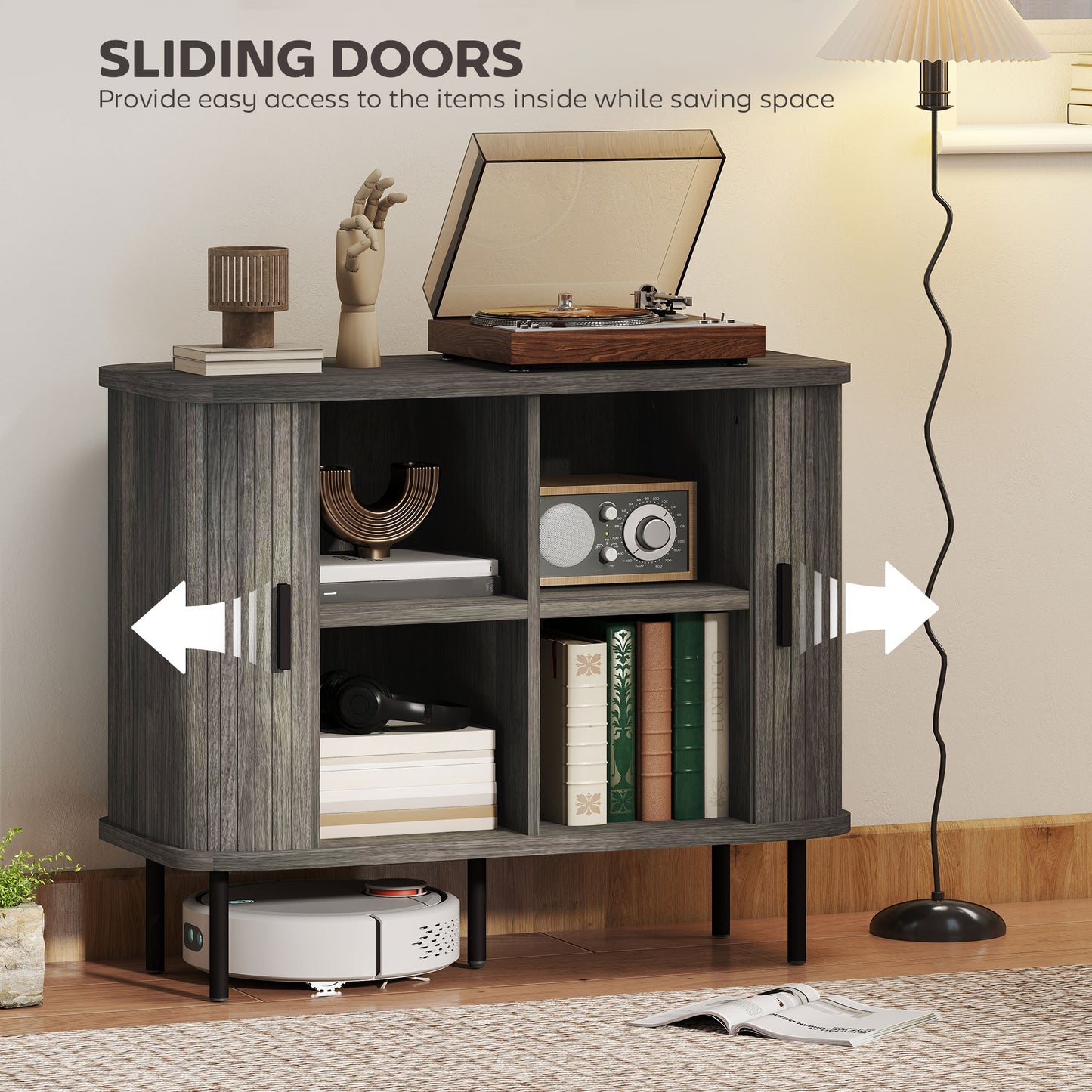 Sideboard Storage Cabinet with Slatted Tambour Sliding Doors Grey