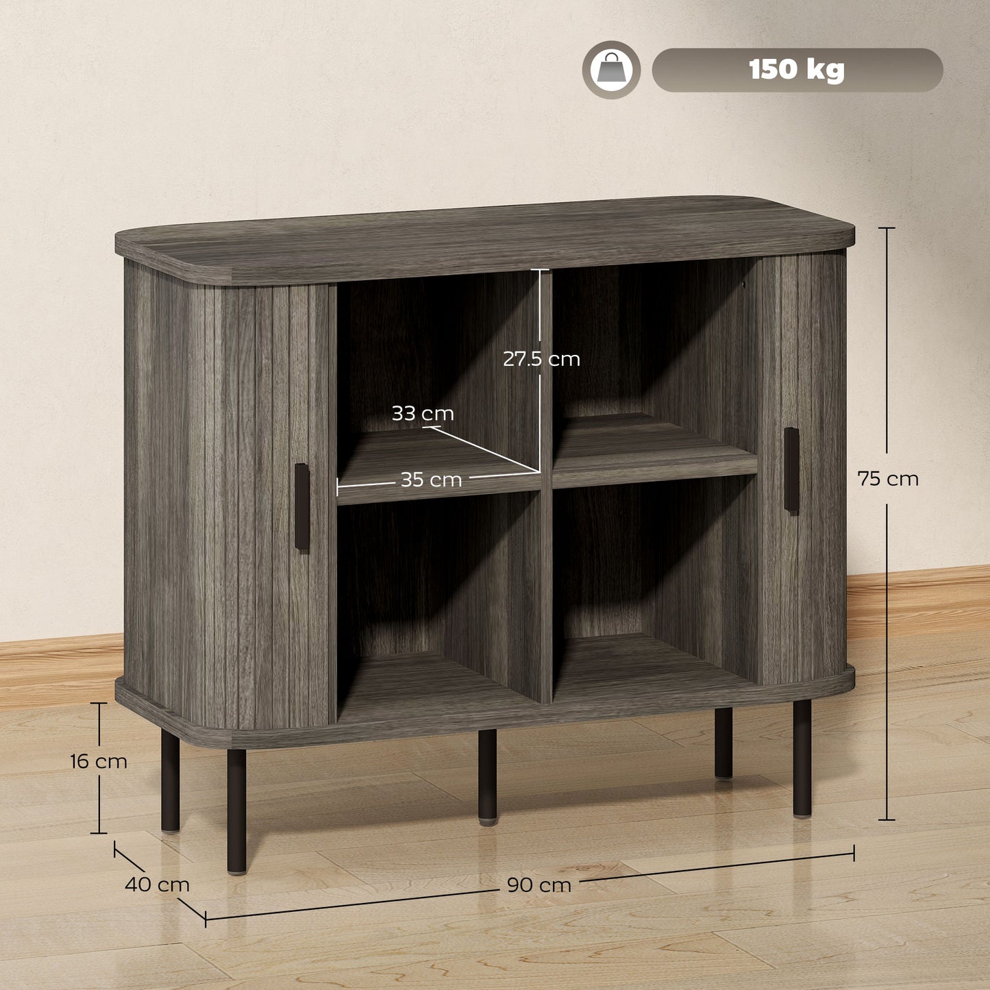 Sideboard Storage Cabinet with Slatted Tambour Sliding Doors Grey