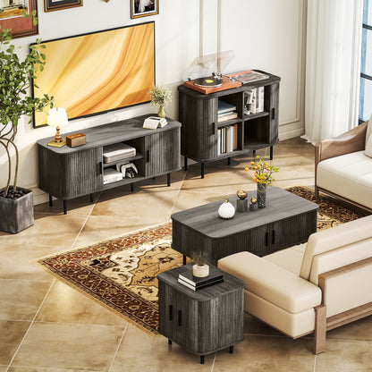 Sideboard Storage Cabinet with Slatted Tambour Sliding Doors Grey