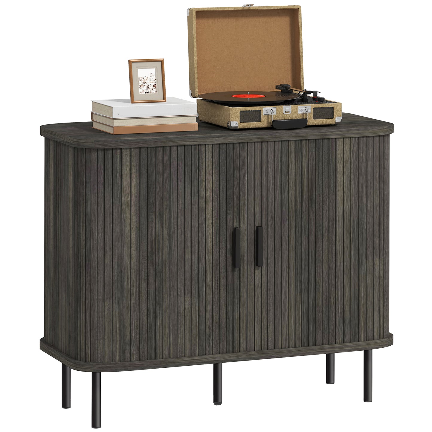 Sideboard Storage Cabinet with Slatted Tambour Sliding Doors Grey