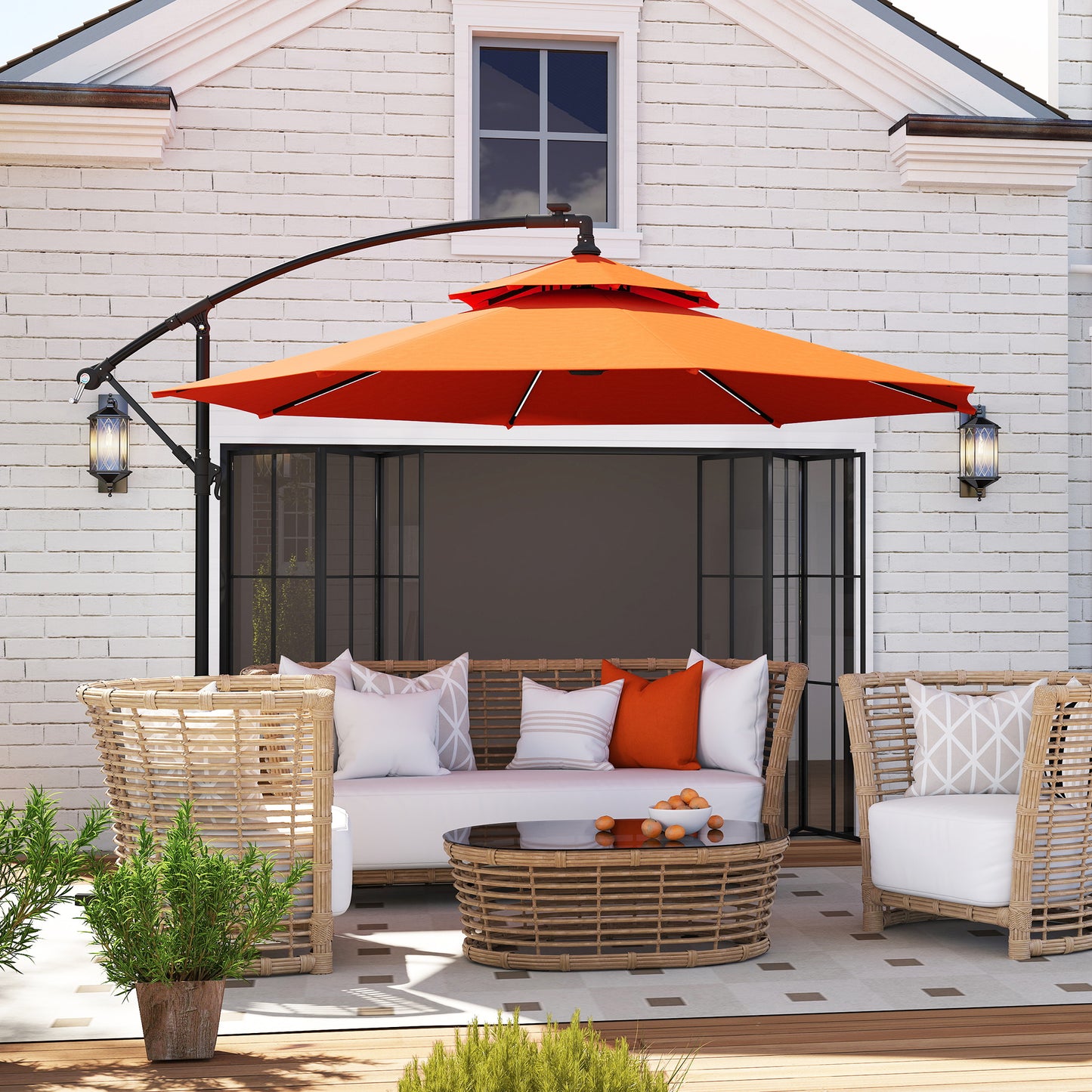 3(m) Cantilever Parasol Hanging Banana Umbrella w/ lights, Orange