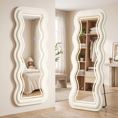 Full Length Mirror, 160 x 60 cm Velvet Wall Standing Mirror, Cream
